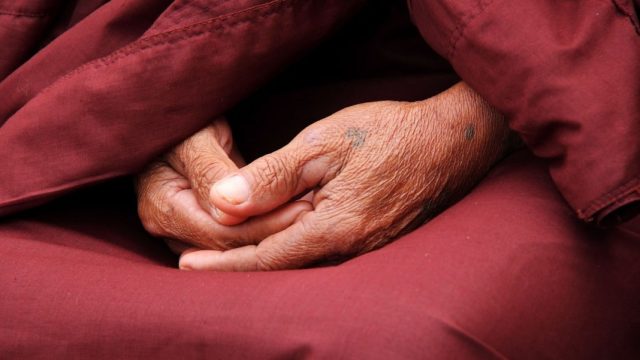 Laos. Manos de monje en el regazo en posición de meditación en Laos